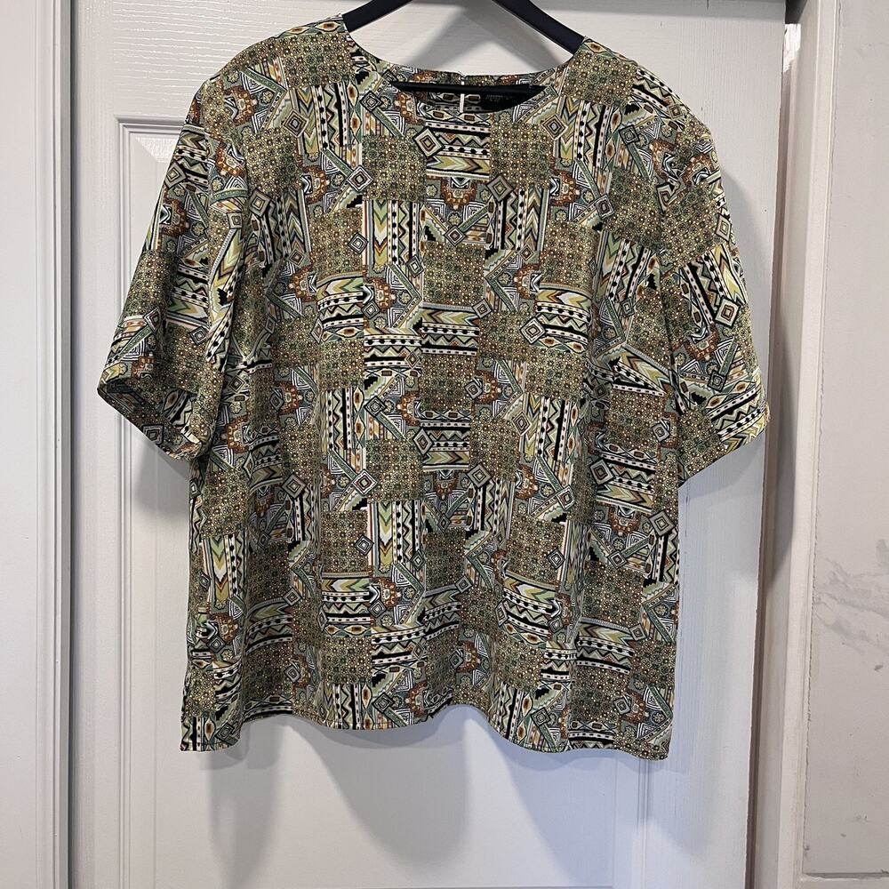 Maggie Barnes Womens 3X L Green Multicolor Abstract Short Sleeve Blouse Popover
